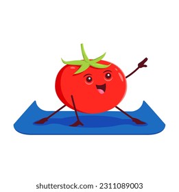 Cartoon tomato vegetable character on yoga or pilates fitness sport class. Vector comic ripe juicy veggies personage doing the splits or stand in yogi pose practicing stretching or wellness activity