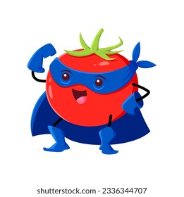 Caricatura del personaje de super héroe vegetal de tomate. Vegetales aislados de jugo fresco vectorial con superpotencia. Funny personaje de superhéroe de planta vitamínica vestido y enmascarado con brazos fuertes. Alimentos saludables de cuento de hadas