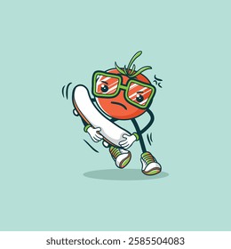 A cartoon tomato wearing glasses skateboards with a determined yet playful expression.