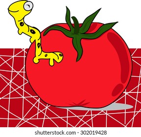 cartoon tomato with worm, red background