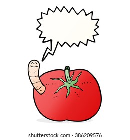 Cartoon-Tomate mit Wurm mit Sprachblase