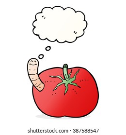tomate de dibujos animados con gusano con burbuja de pensamiento