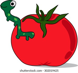 cartoon tomato with worm, white background