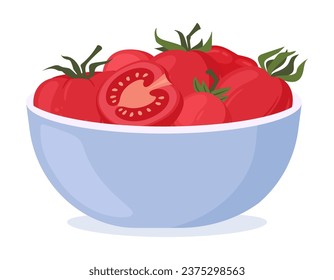 Cartoon tomatoes in bowl. Red vegetables, fresh tasty cherry tomatoes in bowl flat vector illustration. Tomato vegetable