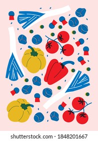 Verduras en estilo de moda vectorial plano. Tomates de dibujos animados, pepinos, tomates de cerezo, cebollas, brócoli. El arte rojo, azul. El resumen sigue vivo para publicitar un mercado agrícola. Afiche de la cosecha del otoño.