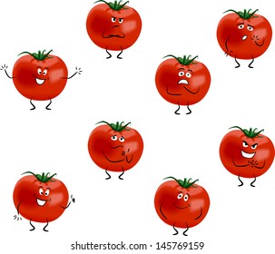 Cartoon tomatoes with different emotions isolated on white background