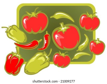 Cartoon tomatoes, pepper and paprika on a green background.