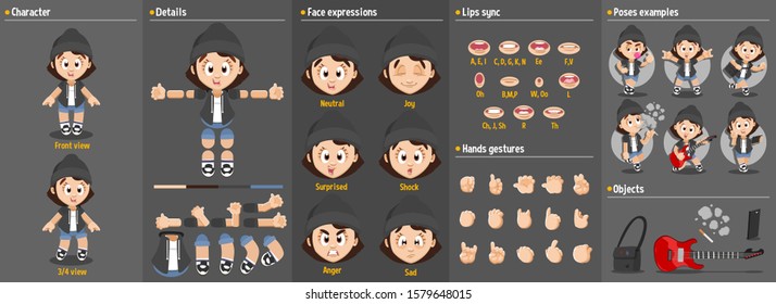 Cartoon tomboyish girl, student constructor for animation. Parts of body: legs, arms, face emotions, hands gestures, lips sync. Full length, front, three quater view. Set of ready to use poses, object