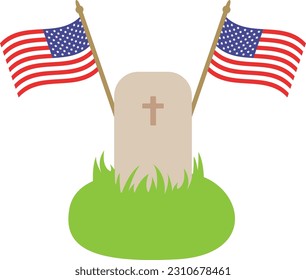 Cartoon tombstone with america flag, memorial day