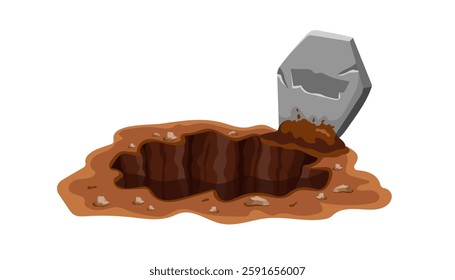 Cartoon tombstone leaning over large hole in brown earth, scattered with small stones.