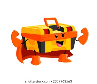 Cartoon toolbox superhero character. Isolated vector lively super hero personage with a charismatic smile and dynamic pose, ready to tackle any diy challenge with a variety of helpful tools inside