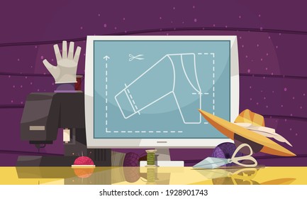 Cartoon tools of atelier tailor with computer scissors needle thread sewing machine vector illustration