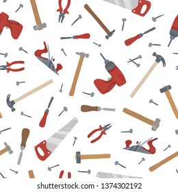 Cartoon tools background - seamless vector texture with hardware, woodworking tools 