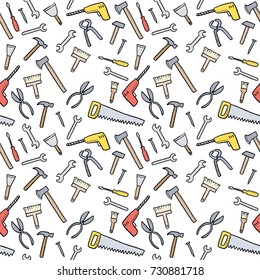 Cartoon tools background - seamless vector texture with hardware, woodworking tools and DIY utensils.