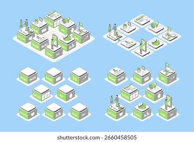 Cartoon Tools with Separate Set Growth Marketing Concept 3d Isometric View Line Elements. Vector illustration of Seo and Mail