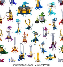 Cartoon tools wizard and warlock characters seamless pattern. Textile print vector pattern. Wrapping paper seamless backdrop with toolbox, axe, saw and wrench, vise, spatula sorcerer cute personages