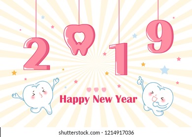 cartoon tooth with 2019 on the yellow background