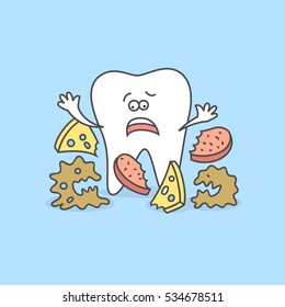 Cartoon tooth with bacteria and food debris. Teeth care and hygiene. Dental icon. Dentistry illustration for kids.