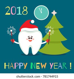 Cartoon tooth with bengal lights and Christmas tree. Dental greeting card. Happy New Year. 