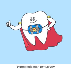 Cartoon tooth with braces and blue rubber bands wearing a red cloak. Dentistry orthodontist icon. Stomatology concept for kids, power of bracket system. Teeth correction illustration.