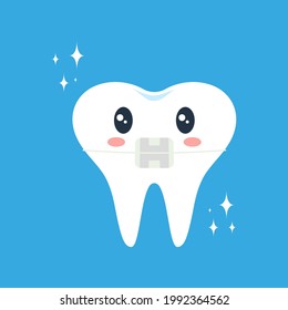 cartoon tooth in braces character isolated on blue background, childrens dentistry concept, vector Illustration