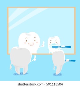 cartoon tooth brush and thumb up with morror
