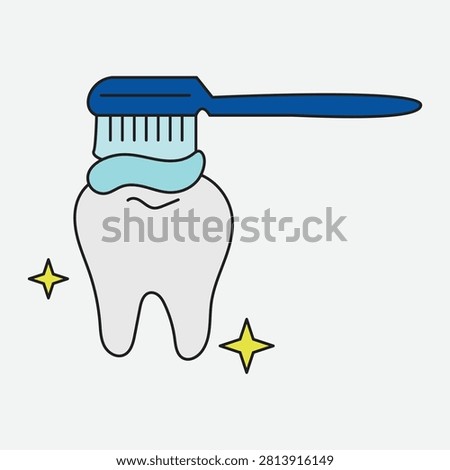 Cartoon tooth brushing with blue toothbrush. Playful dental hygiene illustration for kids with sparkle effects.