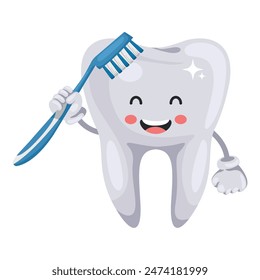 Cartoon of a tooth brushing with a toothbrush. Prevention, diagnosis and treatment of tooth and gum diseases. Dental hygiene and oral care. Tooth decay prevention. Health and medicine concept