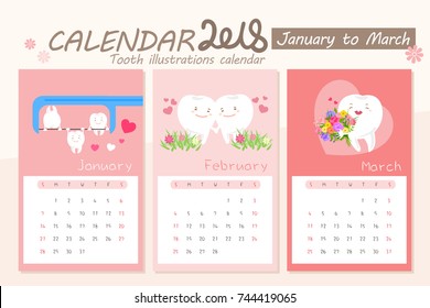 cartoon tooth with calendar in 2018 new year