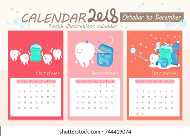 cartoon tooth with calendar in 2018 new year