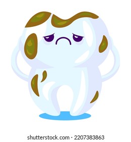 Cartoon Tooth Care. Sad Molar With Cavity Or Dental Tool. Vector Illustration For Dental Care, Dentist Visiting, Hygiene Concept