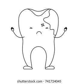 cartoon tooth with caries by side in monochrome silhouette vector illustration