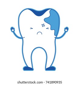 cartoon tooth with caries by side in blue silhouette vector illustration