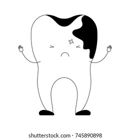 cartoon tooth with caries by side in black silhouette vector illustration