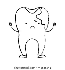 cartoon tooth with caries by side in monochrome blurred silhouette vector illustration