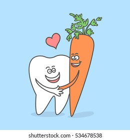 Cartoon tooth with a carrot. Dental care concept or icon. Good habits for your teeth. Dentistry funny vector illustration.