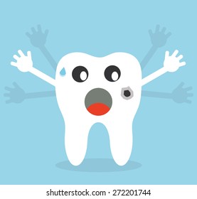 Cartoon tooth with cavity waving with his hands. Flat style