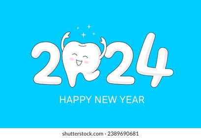 Cartoon tooth character with 2024 New Year sign. Vector illustration for New Year celebration.