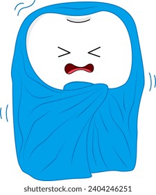 Cartoon tooth character with blanket. Sensitive Tooth To Cold.  Dental care concept, illustration.