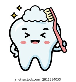 Cartoon tooth character brushing teeth with foam