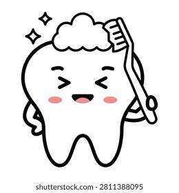 Cartoon tooth character brushing teeth with foam