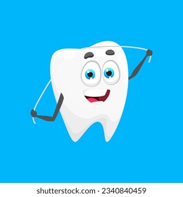 Cartoon tooth character with dental floss. Isolated vector personage with cute face promoting oral hygiene, encourages flossing habits and emphasizes the importance of maintaining a healthy smile