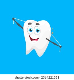 Cartoon tooth character with dental floss cleaning teeth for hygiene care, vector icon. Dental clinic poster for healthy teeth and cleaning with white smiling tooth character for kids dentistry