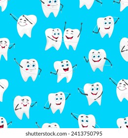 Cartucho de caricatura con el patrón sin fisuras de los hilos dentales, fondo vectorial. Patrón clínico dental con dientes blancos sanos sonrientes y limpiadores felices con hilo dental para niños antecedentes odontológicos