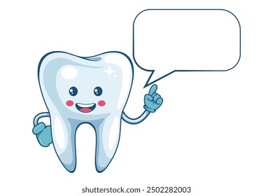 Cartoon of a tooth character with dialog box vignette with copy space for text. Prevention, diagnosis and treatment of tooth and gum diseases. Dental hygiene and oral care. Tooth decay prevention