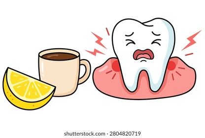 A cartoon tooth character expresses sharp pain from inflammation after consuming acidic lemon and coffee in this dental health vector.