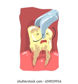 Cartoon tooth character extraction by dental pliers vector Illustration