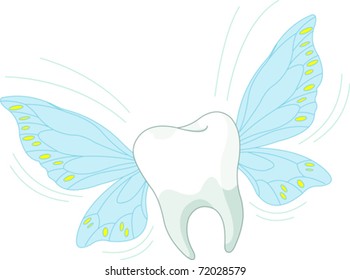 Cartoon Tooth Character Flying in the air