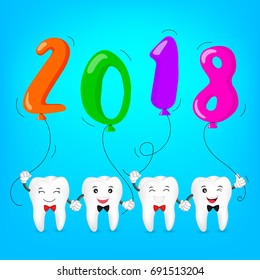 Cartoon tooth character holding balloons. Happy New Year concept.  illustration for celebration on blue background.