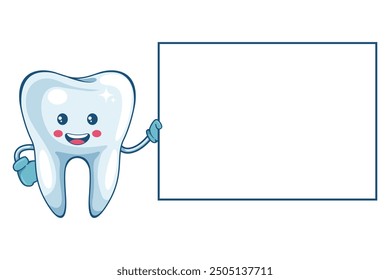 Cartoon of a tooth character holding a banner with space for text for advertising. Prevention, diagnosis and treatment of tooth and gum diseases. Dental hygiene and oral care. Tooth decay prevention